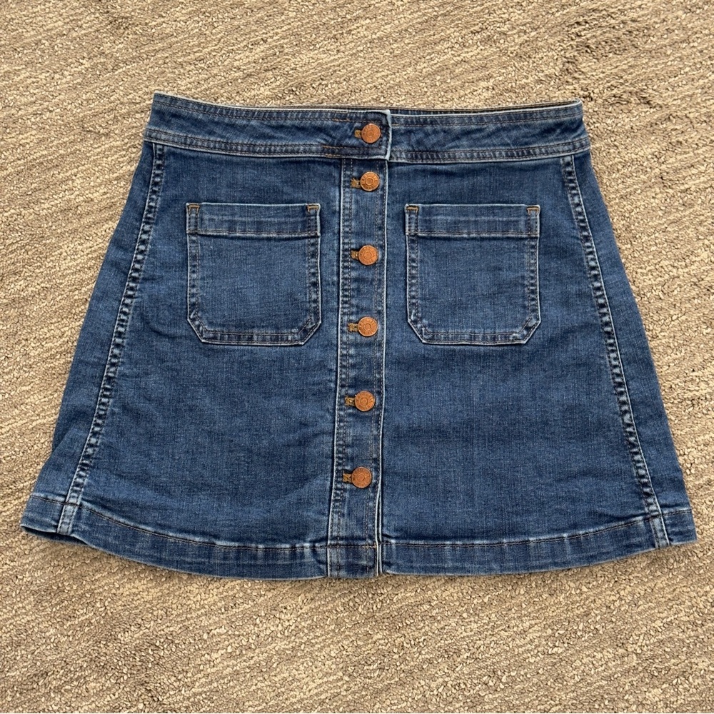 Madewell Stretch Denim A-Line Mini Skirt Sz 4 Preppy Copper Button Front Flare